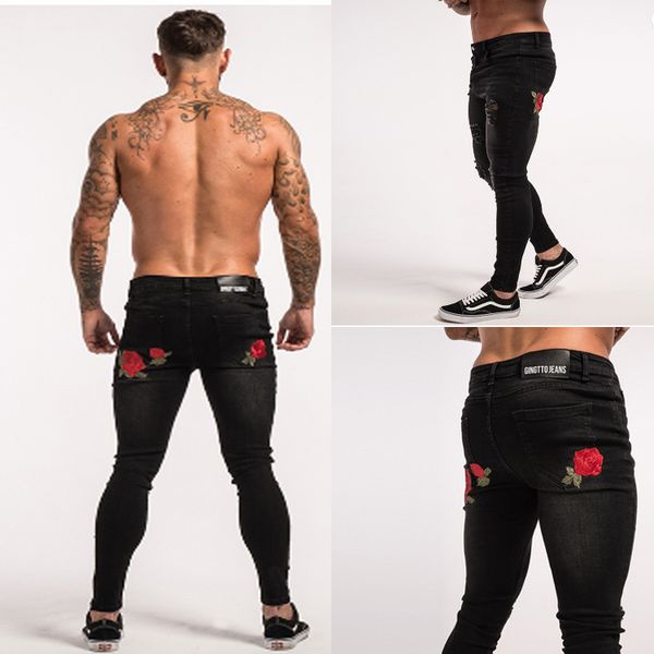 

stylish back rose black jeans mens clothing designer ripped distressed pencil pants trousers, Blue
