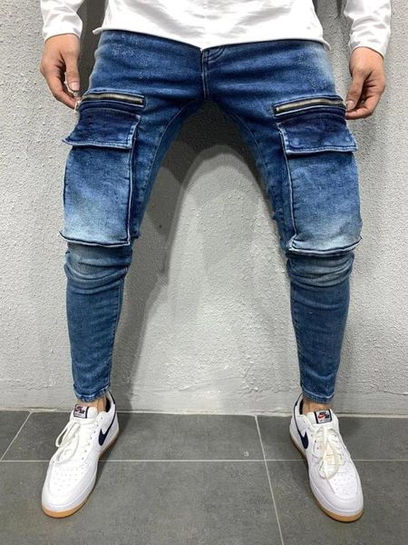 

men's jeans men stretchy multi-pocket skinny pocket zipper pencil pants 2021 fashion casual trousers hip hop sweatpants, Blue
