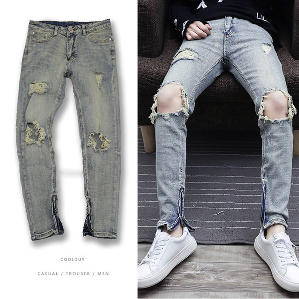 

men ripped slim fit tapered leg jeans, Blue