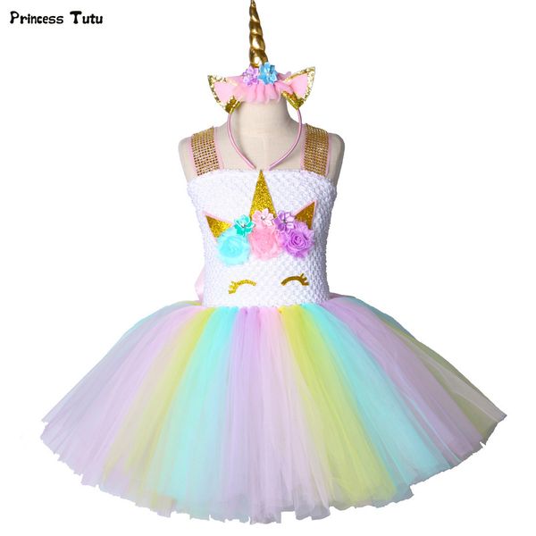 

children girls unicorn tutu dress rainbow princess kids birthday party dress girls christmas halloween pony cosplay costume 1-14, Red;yellow