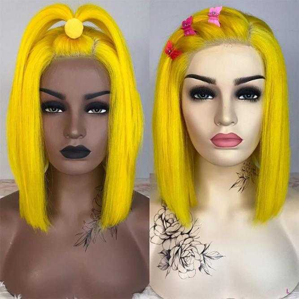 

yellow ombre colored lace front human hair wigs 130% short straight bob wigs brazilian remy for black women 13*4 plucked sassoon, Black;brown