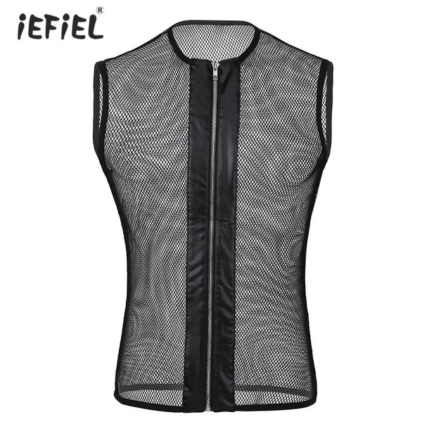 

mens sleeveless see-through mesh fishnet zipper t-shirt exotic tanks clubwear slim fit stretchy gay fetish t-shirt, Red;black