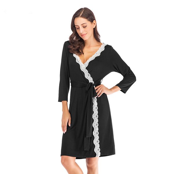 

modal dressing gowns for women soild kimono mid bathrobe nightwear, Black;red