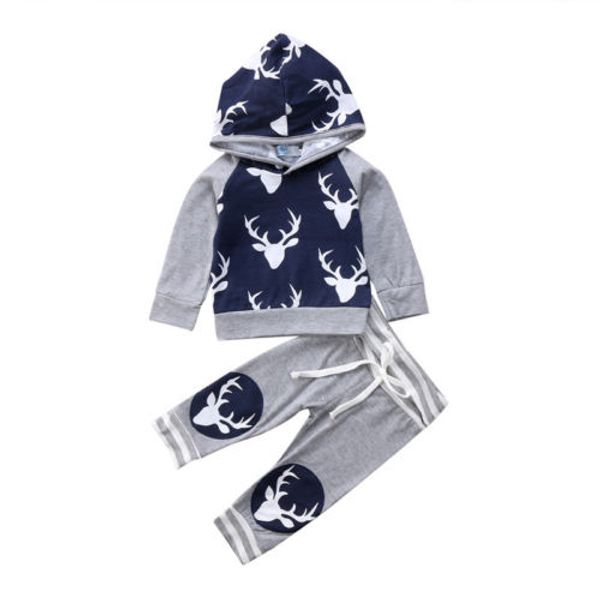 

autumn winter casual newborn baby boys deer long sleeve hooded pants outfits set clothes, White