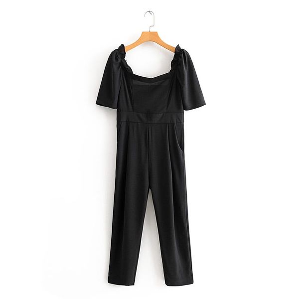 

lt27526 2020 весна европейский женский пузырчатый рукав квадратный вырез сплошной цвет длинный комбинезон, Black;white