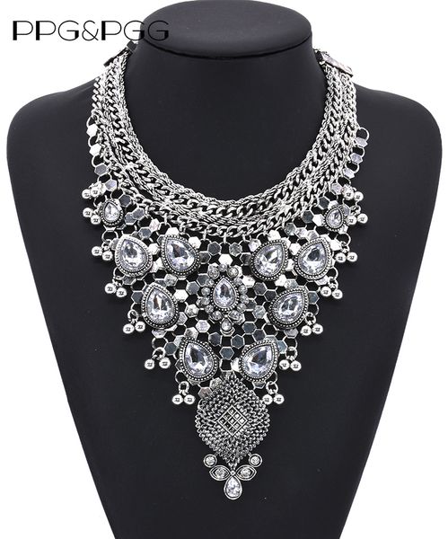 

large collar necklace women clear full crystal rhinestone v shaped necklace femme maxi statement big bib choker necklace jewelry, Silver