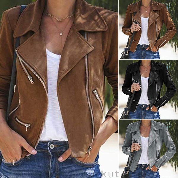 

women's ladies soft fabric leather thin slim biker jacket flight coat zip up biker casual clothes, Black;brown