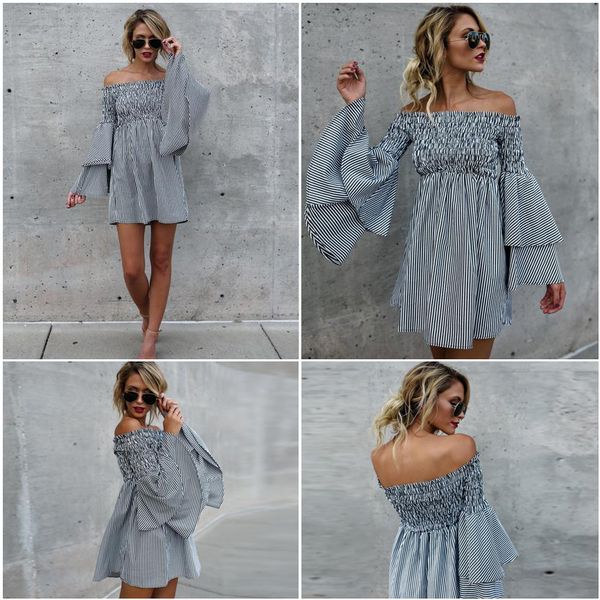 

striped dress for women pleated trumpet skirt shoulder-wrapped chest-back dresses lotus leaf edge long sleeve skirt premium wholesale, Black;gray