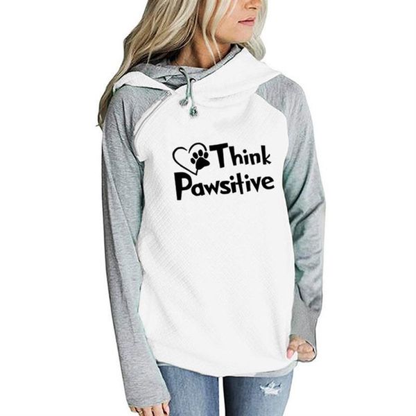 

zipper decoration hoodies for women think pawsitive letters print sweatshirts kawaii hoodies women pockets printing loose, Black