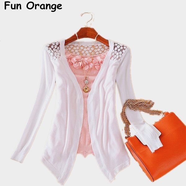 

fun orange new summer fashion women lace sweet candy color crochet hollow out knitwear blouse full sweater cardigan open stitch, White
