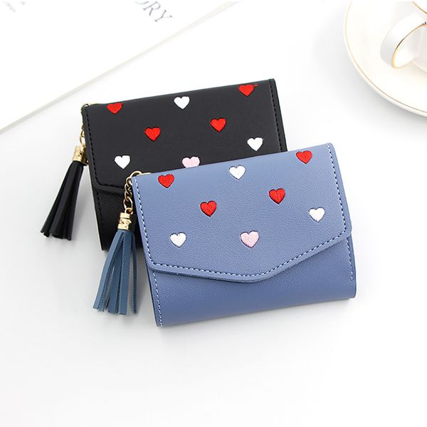 

heart-shaped embroidery women short wallet multi-function women's mini wallet candy color cute coin purse card package wallets, Red;black