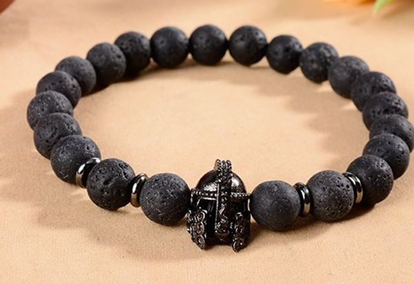 

8mm hd343 helmet cz zircon cubic zirconia elastic adjusted black volcanic lava bracelet stone bead essential oils diffuser