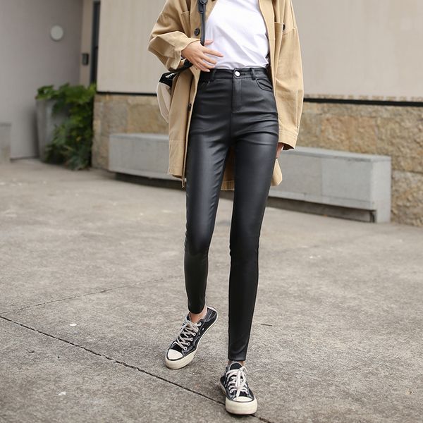 

black pu leather women pants elastic high waist chi paperbag pants fashion solid faux leather trousers pockets bottoms, Black;white