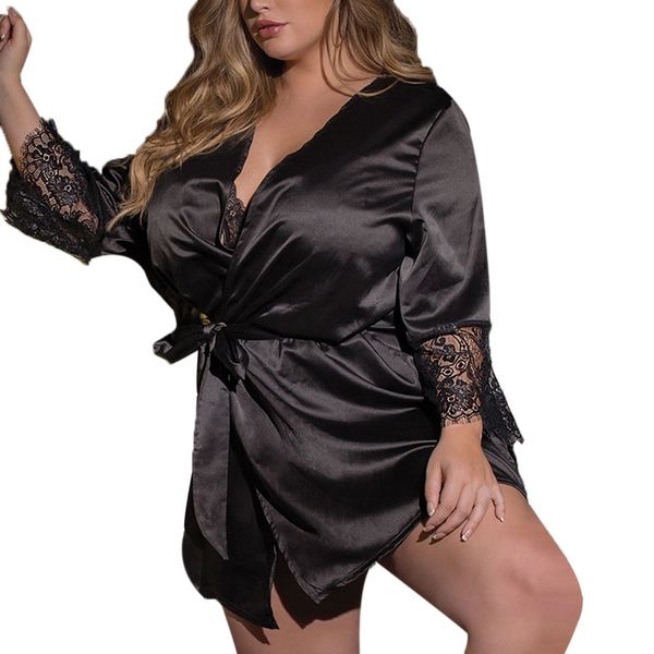 

nightgown plus size bathrobe women women silk kimono dressing gown babydoll lace lingerie bath robe nightwear#y20, Black;red