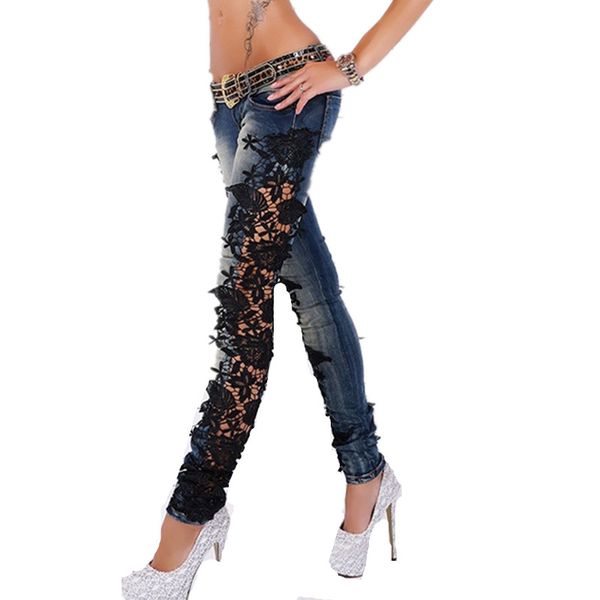 

light lace side stitching jeans low waist ladies jeans slimming denim women slim high elasticity, Blue