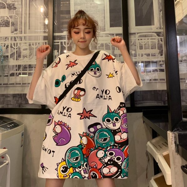 

2019 couple cartoon printing short sleeve bf coat personalized graffiti loose 2019 couple cartoon printing short sleeve bf coat personal, White