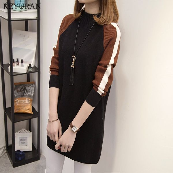 

plus size women knitted sweater dress 2019 autumn new round collar fashion loose long sleeves patchwork pullovers sweaters, White;black