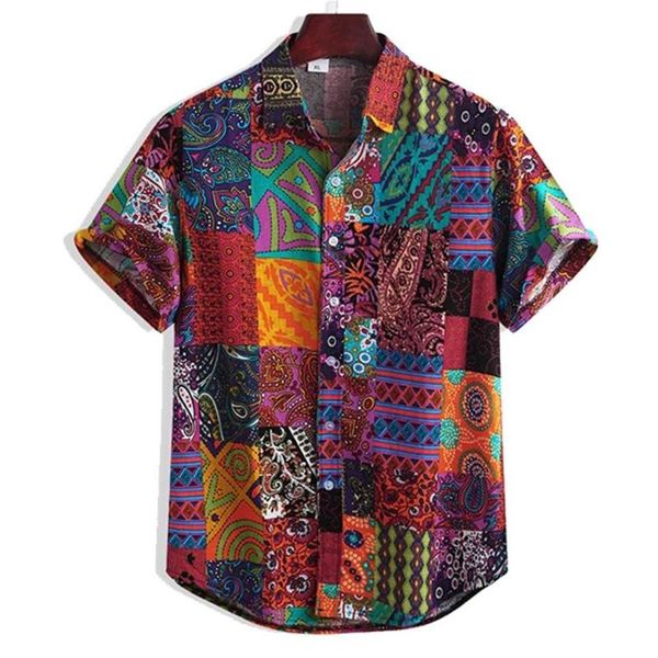 

national style men linen floral print short sleeve shirt summer hawaii holiday loose casual stand shirts #0630, White;black