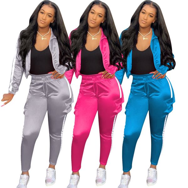 

womens reflective strip patchwork 2 piece outfits long sleeve zipper and bodycon skinny long pants set tracksuit, White