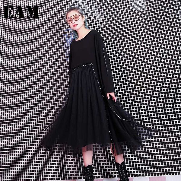 

eam] women black mesh asymmetrical big size dress new round neck long sleeve loose fit fashion tide spring autumn 2020 jh784, Black;gray
