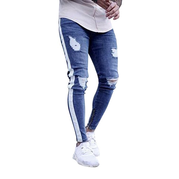 

jeans mens stretch denim pants streetwear distressed ripped freyed slim fit zipper jeans trousers clothes pencil pants, Blue