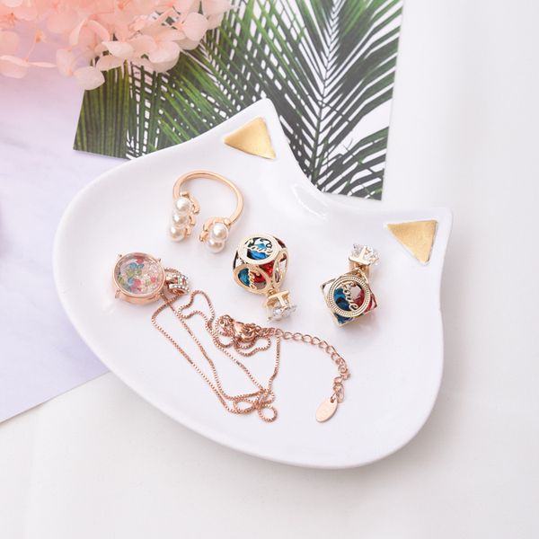 

ddisplay porcelain white cute cat jewelry plate personalized bracelet organizer tray little girls necklace glamour earrings display holder, Golden;white