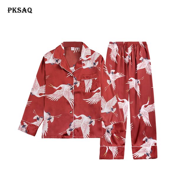 

pksaq womens pajamas sets satin sleepwear two piece pyjamas silk pijama long sleeve loose flower print nightwear with pants, Blue;gray