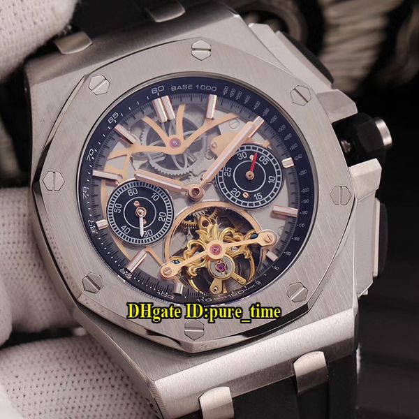 

новый 44 мм royal 26582 серебряный скелетон циферблат турбийон автоматические мужские часы 316l серебряный стальной корпус резиновый ремешок, Slivery;brown