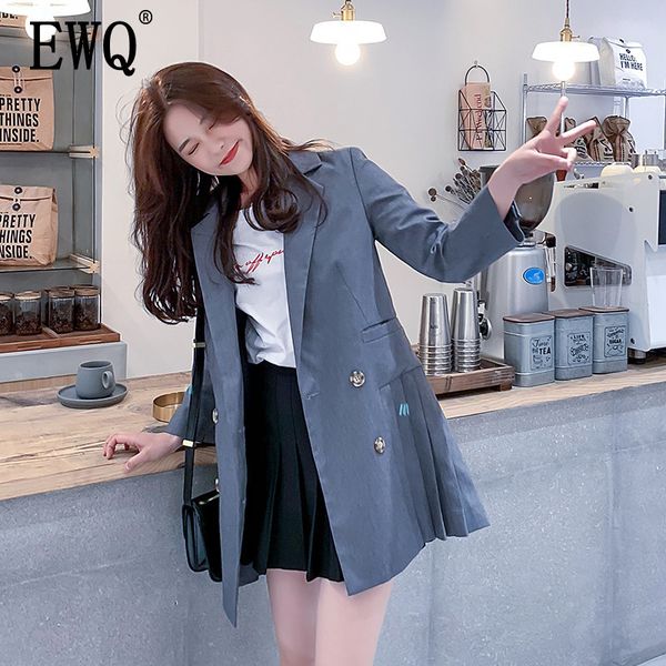 

ewq] 2019 summer new leisure notched neck long sleeve double breasted loose jacket trend women suit coat qh390, White;black
