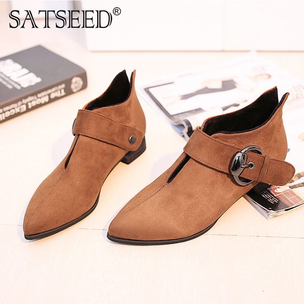 

2019 spring autumn square heel pointed toe flock buckle strap style ankle womens boots fashion woman shoes mod262, Black
