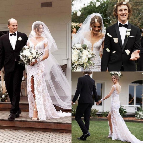 

romantic 2020 lace side split mermaid wedding dresses long sleeves covered button sweep train bohemian boho wedding gowns vestidos de noiva, White
