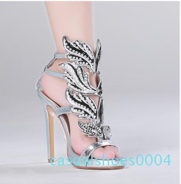 

butterfly leaf woman heels summer gladiators genuine leather strappy gold wedding party dress shoes c04, Black