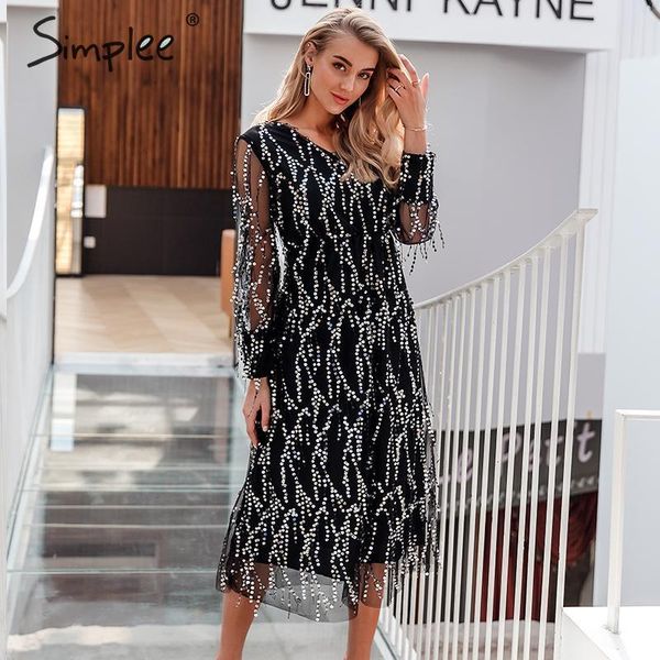

simplee v-neck evening party dress mesh long sleeve sequin women night maxi dress lady spring oversize loose summer dress, Black;gray