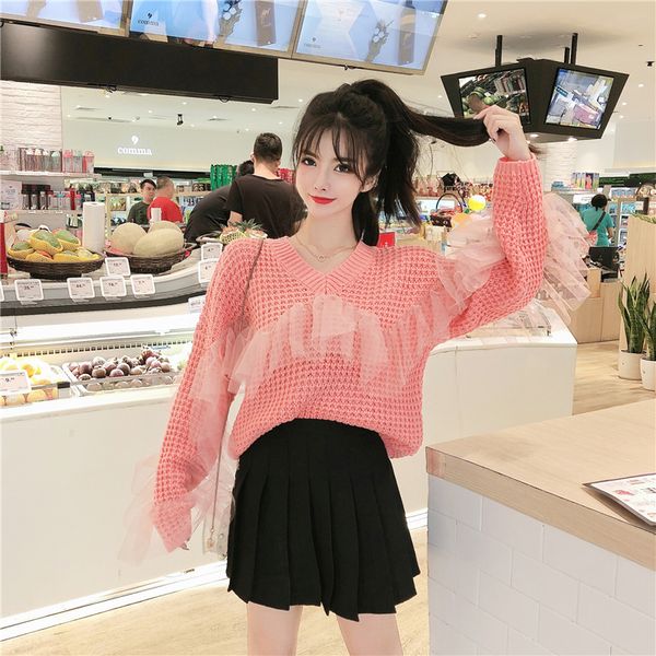 

spring autumn patchwork mash loose women's clothing long sleeve v-neck sweaters sweet knitted korean style fashion women, White;black