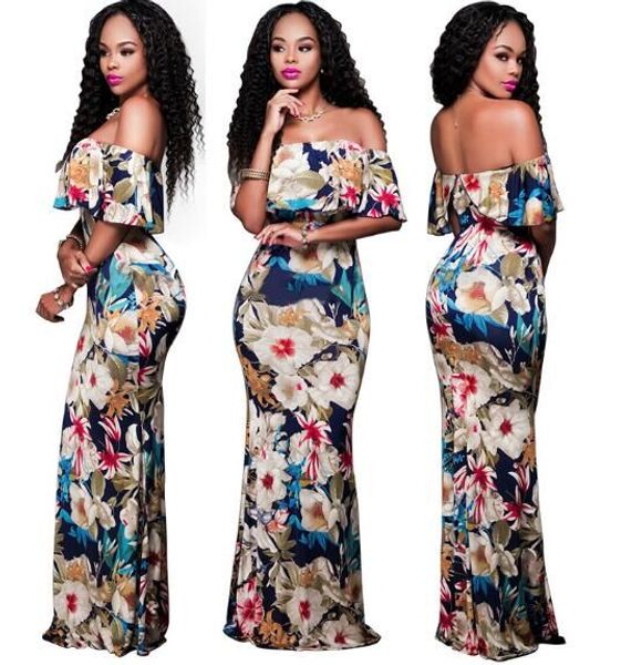 Off Shoulder Maxi Dress Women Summer Ruffle Floral Print Boho