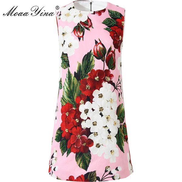 

moaayina fashion designer dress summer women's dress sleeveless print beading sequins jacquard dresses, Black;gray
