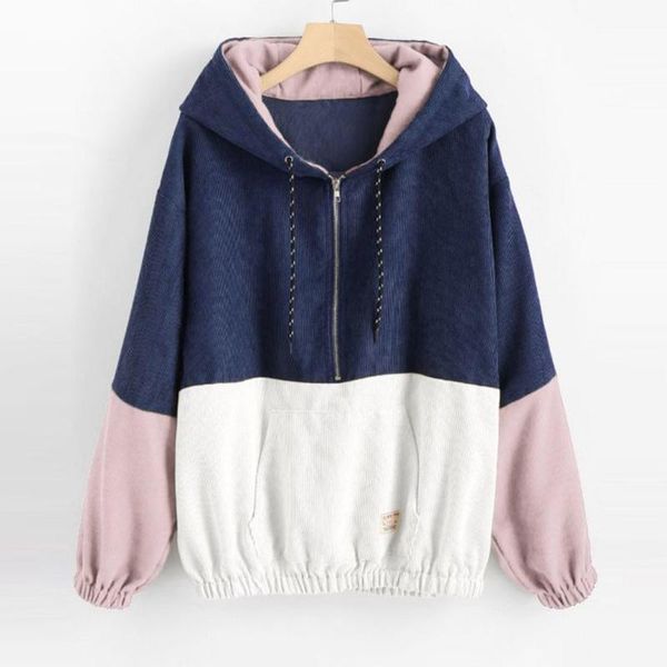 

fashion sweatshirt womens splicing zipper pocket hooded pullovers new ladies long sleeves sweatshirt plus size daily wear, Black
