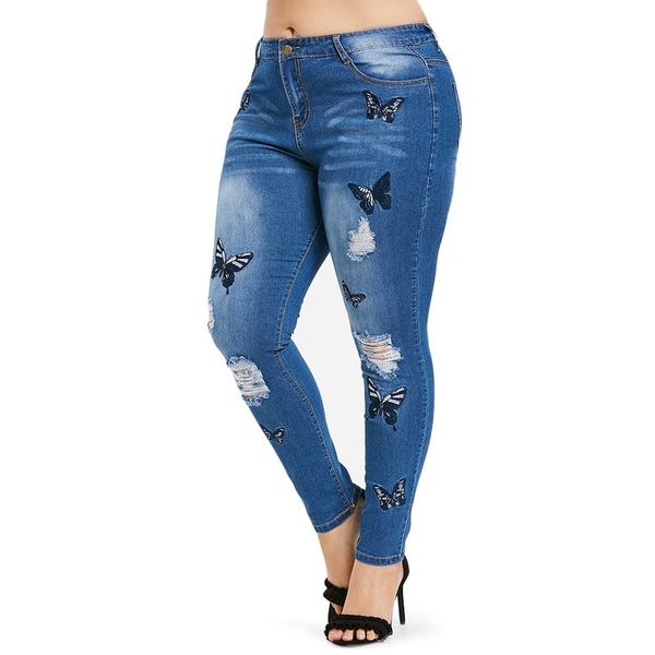 

aprilgrass бренд дизайнер плюс размер бабочка проблемные вышитые джинсы женские узкие брюки карандаш с высокой талией джинсовые джинсовые же, Blue