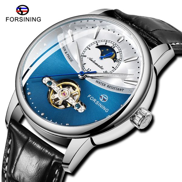 

classic forsining blue men automatic watch moonphase design genuine leather band waterproof business wrist watch, Slivery;brown