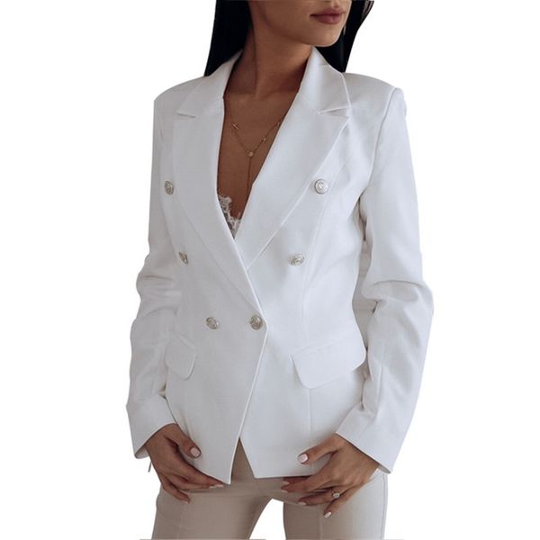 

women blazer double breasted solid color blazer long sleeve coat female suit ladies blazers office lady outerwear, White;black