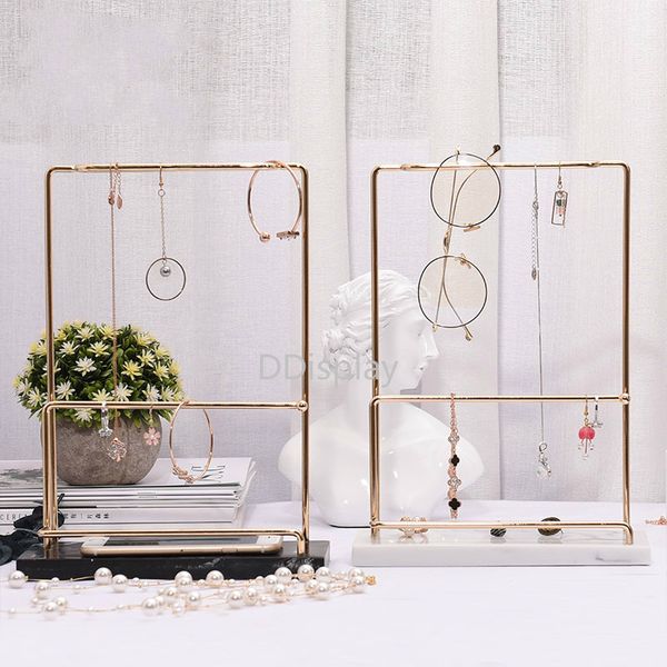 

[ddisplay]nordic necklace & earrings reception jewelry rack luxury jewelry display with marble resin tray glasses metal storage stand, Black