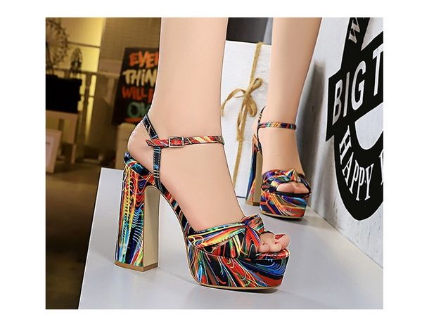 

european and american style summer super high heel thick heel waterproof platform floral word sandals summer high heels, Black
