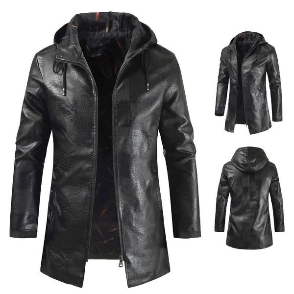 

длинная толстовка с капюшоном кожаная куртка мужская повседневная уличная мужская одежда мотоциклетные ветровки куртки jaqueta de couro masc, Black;brown