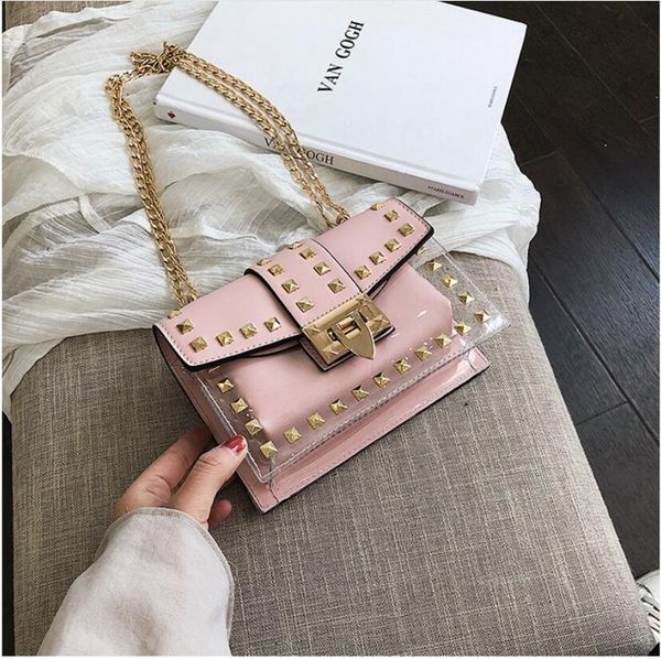 

small clear brand designer bags new fashion messenger bag chains shoulder bag female rivets transparent square pu handbag #182