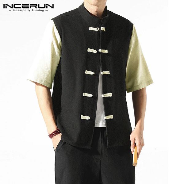 

incerun men vintage shirts short sleeve stand collar shirt chinese tradition cotton buttons patchwork blouse casual camisa s-3xl, White;black