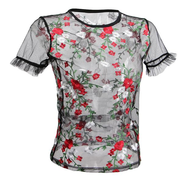 

womens sheer black mesh floral embroidered flower transparent t-shirt crop blouse tee shirt clubwear, White