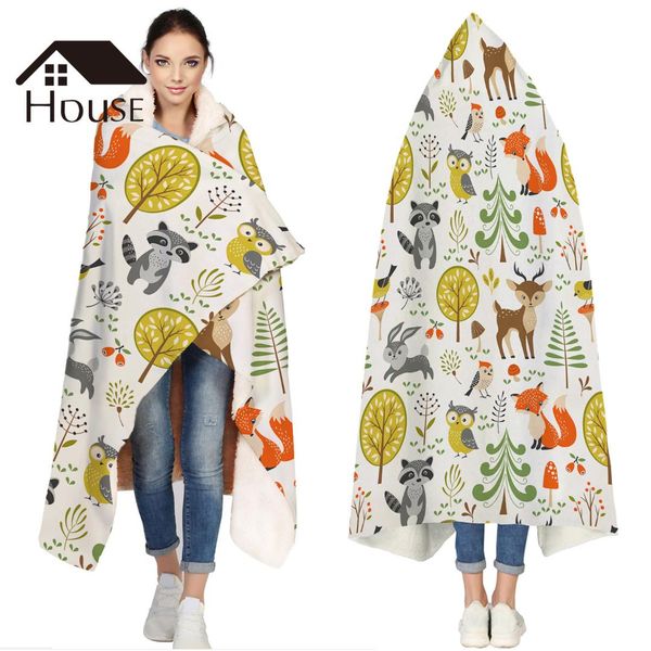 

portable wearable fluffy custom hooded blanket cartoon animals world fleece hooded throw wrapbed blanket