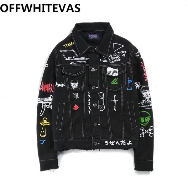 

2020 designer brand mens jeans spring tide brand denim jacket personalized graffiti printing handsome wild fringed jacket wholesale, Black;brown