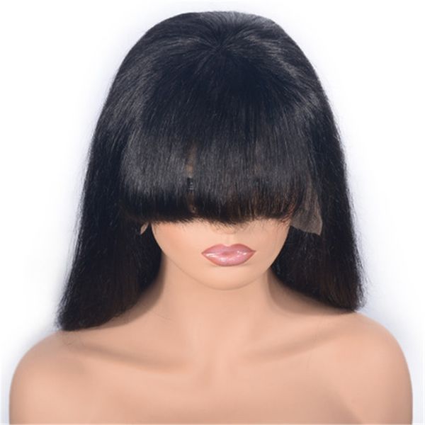 

brazilian human hair lace front wigs with bangs natural color virgin hair pre plucked straight bob wig, Black;brown