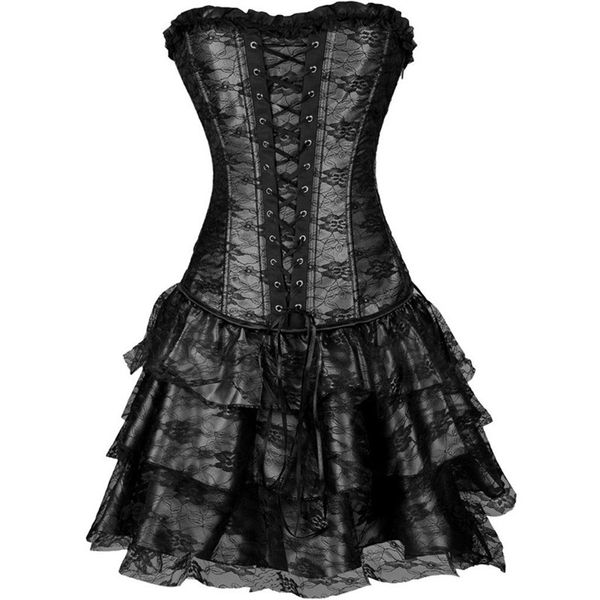 

black floral lace gothic burlesque corset skirt dress steampunk corsets and bustiers corpetes e espartilhos para festa, Black;white